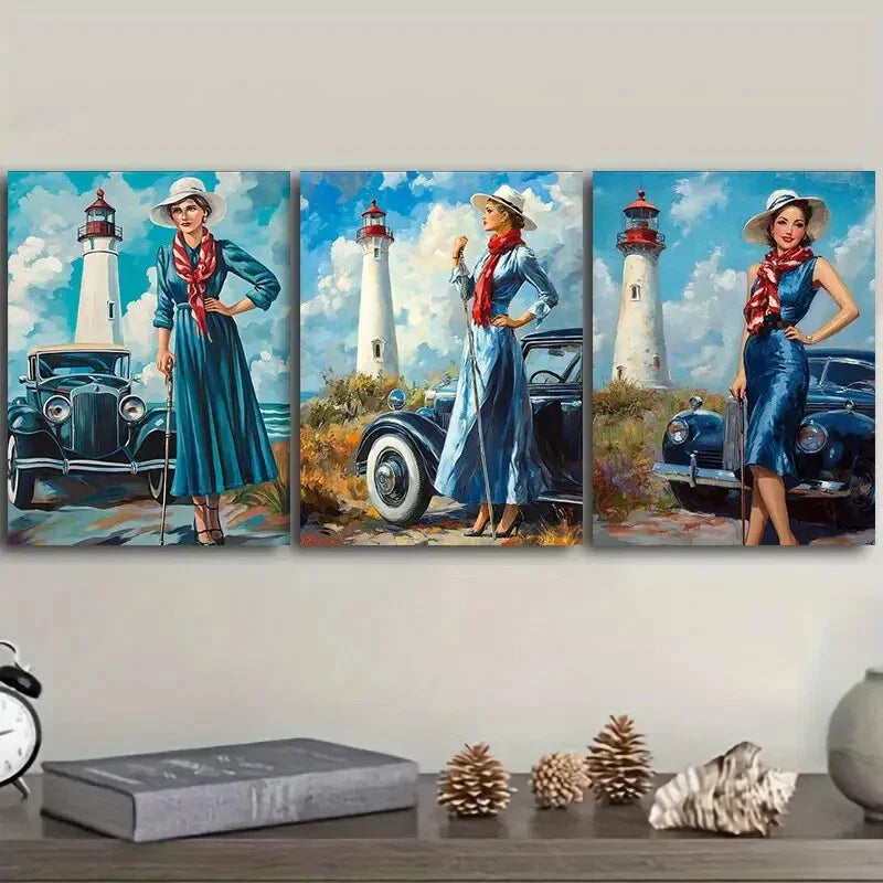 3pcs The girl by the old car Wall Art Set Canvas Framed 40x60cm - High Quality Print 100% Australian Made Wall Canvas Ready to Hang