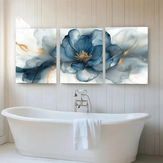 3pcs Elegant Blue Golden Peony Flower Perfect Wall Art Set Canvas Framed 40x60cm - High Quality Print 100% Australian Made Wall Canvas Ready to Hang.