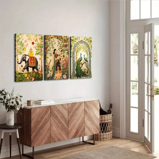 3pcs Woman in Garden, Peacock & Elephant Canvas Framed 40x60cm - High Quality Print 100% Australian Made Wall Canvas Ready to Hang