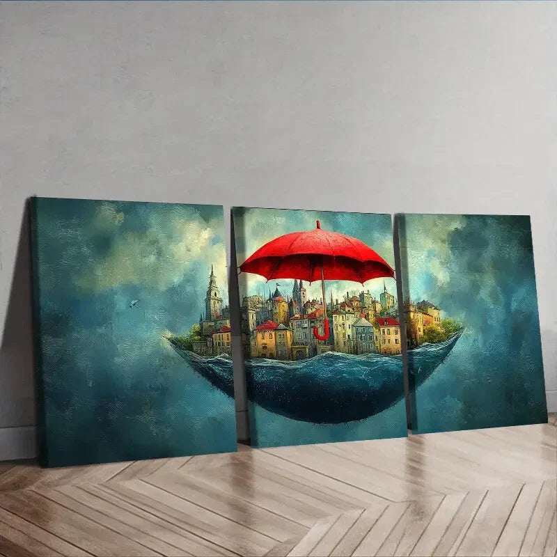 3pcs City view under a red umbrella Wall Art Set Canvas Framed 40x60cm - High Quality Print 100% Australian Made Wall Canvas Ready to Hang