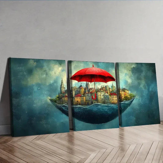 3pcs City view under a red umbrella Wall Art Set Canvas Framed 40x60cm - High Quality Print 100% Australian Made Wall Canvas Ready to Hang