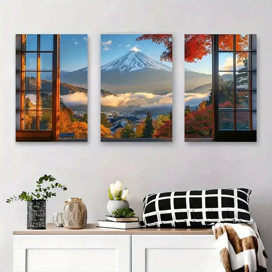 3pcs Vibrant Fall Foliage & Misty Mountain Scene Metal Print Ready to Hang Art