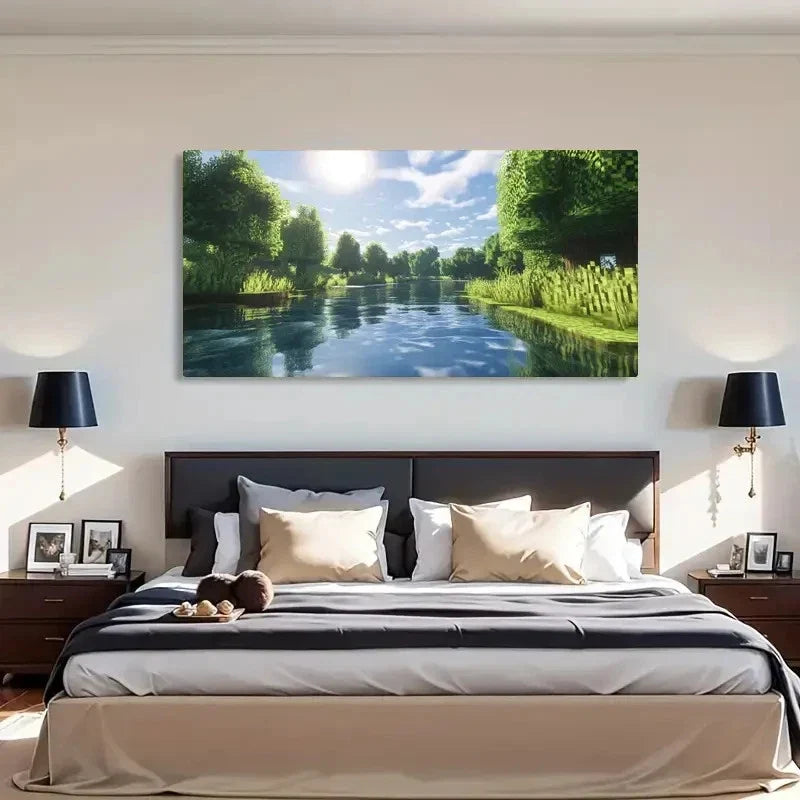 Serene River Landscape Lush Wall Art Canvas Office Home Room Framed 120x60cm