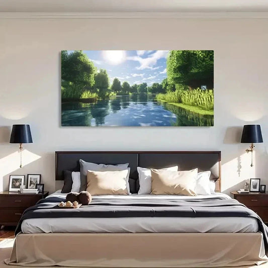 Serene River Landscape Lush Wall Art Canvas Office Home Room Framed 120x60cm