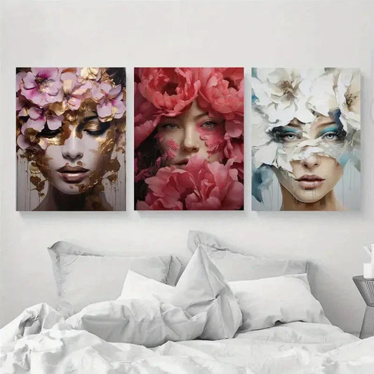 3pcs Woman Portrait with Golden & Pink Flowers Metal Print Ready to Hang Art