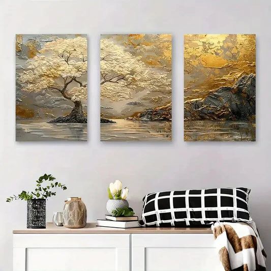3pcs Golden Tree Reflection Modern Abstract Metal Print Ready to Hang Art