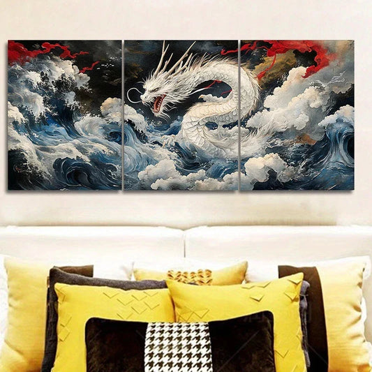 3pcs The White Dragon Sea of Clouds Metal Print Ready to Hang Art