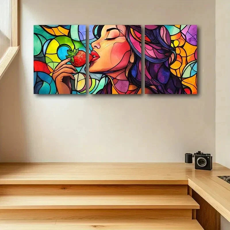 3pcs Vibrant Strawberry Kiss Design Metal Print Ready to Hang Art