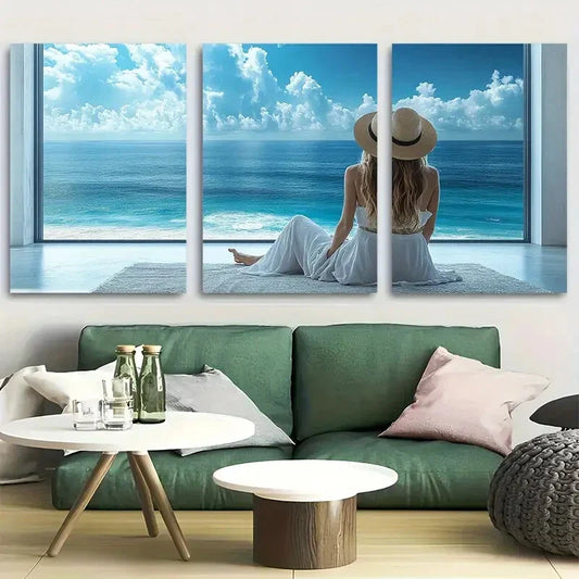 3pcs Serene Beach Scene with Woman in Hat Design Metal Print Ready to Hang Art