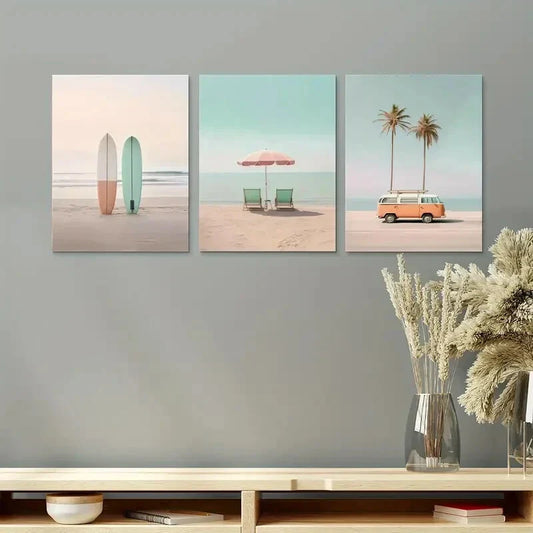 3pcs Retro Surf & Beach Design Metal Print Ready to Hang Art