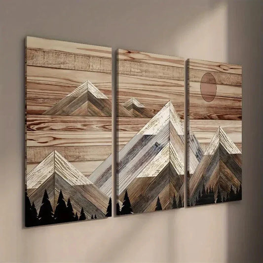 3pcs Mountains and Red Sun Background Wall Art Set Canvas Framed 40x60cm - High Quality Print 100% Australian Made Wall Canvas Ready to Hang
