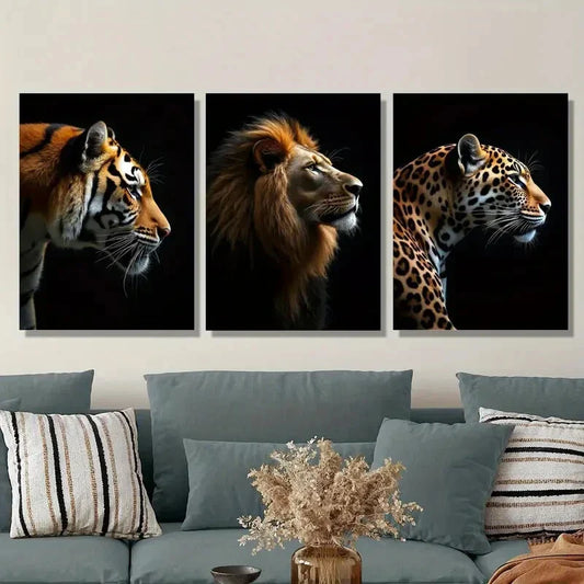 3pcs Tiger, Lion & Leopard Realistic Animal  Metal Print Ready to Hang Art