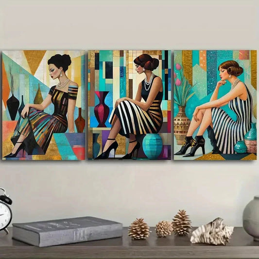 3pcs Retro fashion girl, Art Painting Metal Print Ready to Hang Art