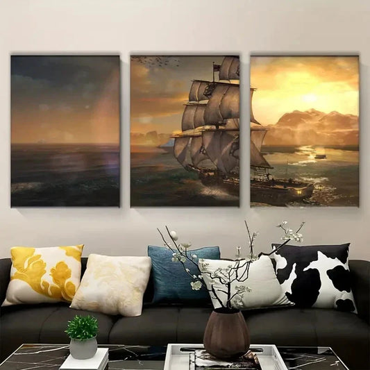 3pcs Pirate Ship Braving Wind and Waves Metal Print Ready to Hang Art