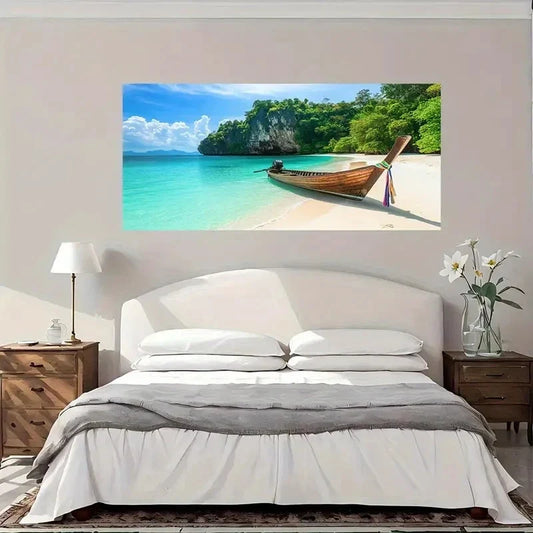 Tropical Island Beach Palm Tree Wall Art Canvas Office Home Room Framed 80x45cm