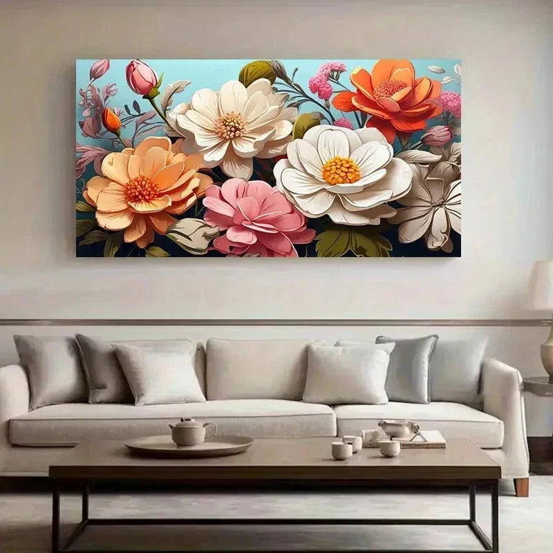 Colourful Crayon Flowers wall canvas office home room framed 120x60cm