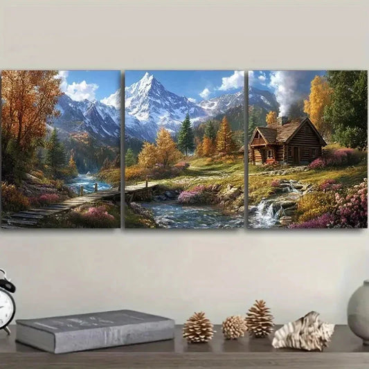 3pcs Pretty little cabin by the stream Metal Print Ready to Hang Art