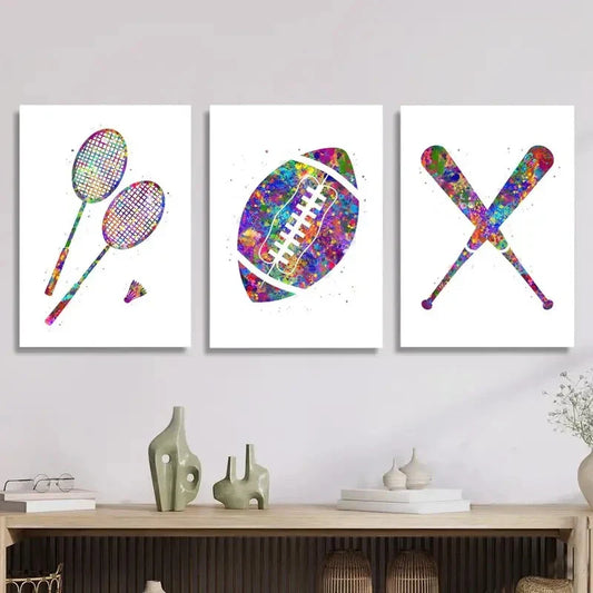 3pcs Rainbow badminton football baseball  Metal Print Ready to Hang Art