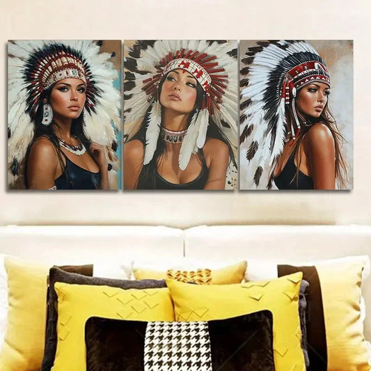 3pcs Indian girls wear feathered headdresses  Wall Art Set Canvas Framed 40x60cm - High Quality Print 100% Australian Made Wall Canvas Ready to Hang