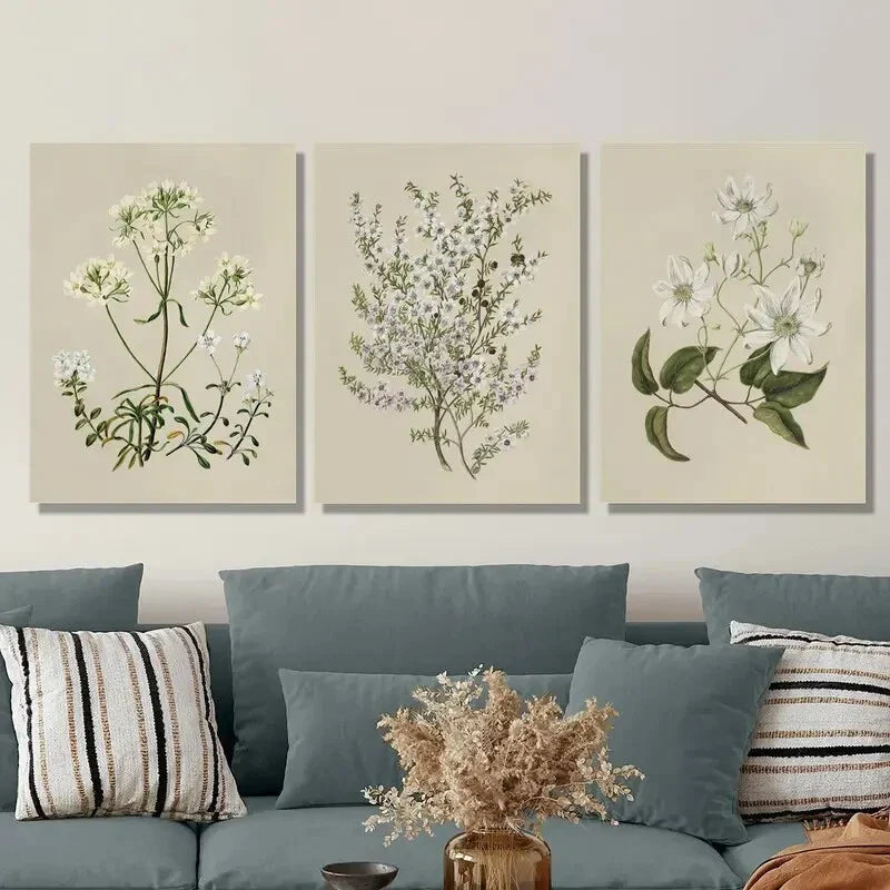 3pcs botanical art painting, retro flowers Metal Print Ready to Hang Art