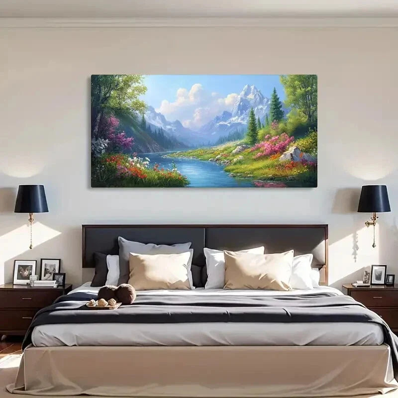 River & Mountain Landscape Wall Art Canvas Office Home Room Framed 120x60cm