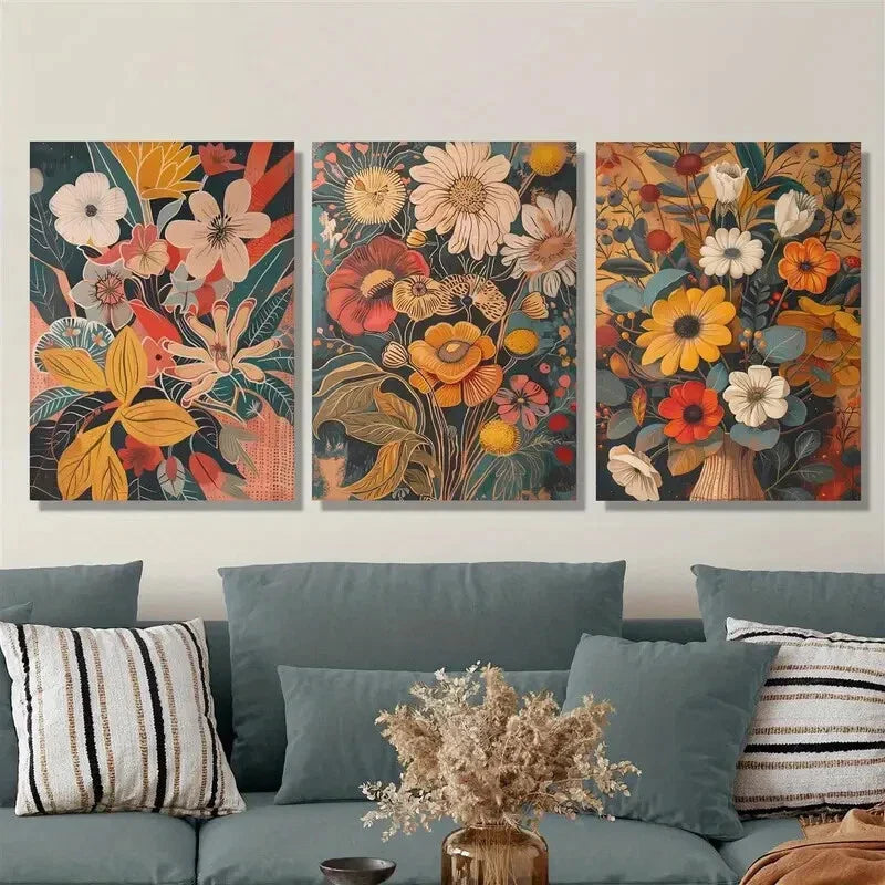 3pcs bohemian vintage wildflowers, Metal Print Ready to Hang Art