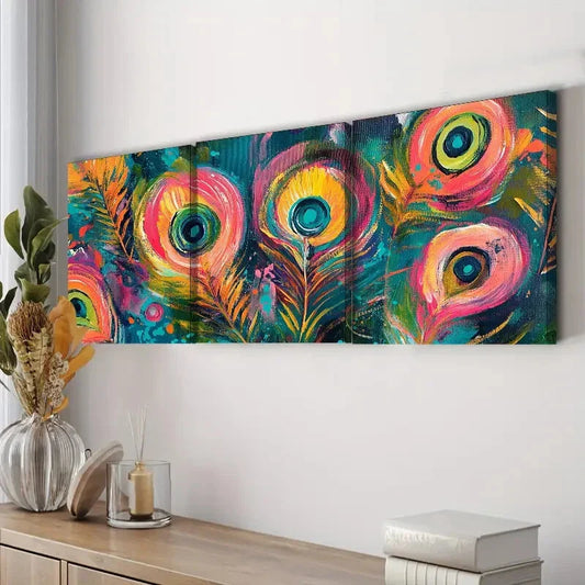 3pcs Peacock Feather Design Colorful Bright Wall Art Set Canvas Framed 40x60cm - High Quality Print 100% Australian Made Wall Canvas Ready to Hang
