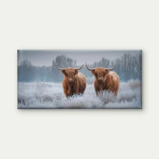 Highland Cattle in Frosty Field Wall Art Canvas Office Home Room Framed 120x60cm