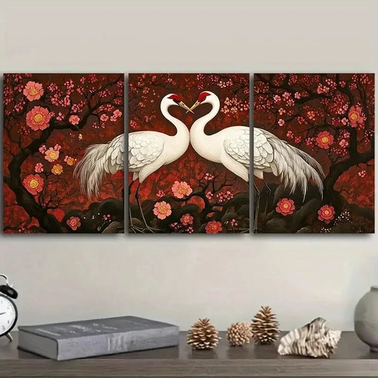 3pcs The white crane is in the peach forest Metal Print Ready to Hang Art