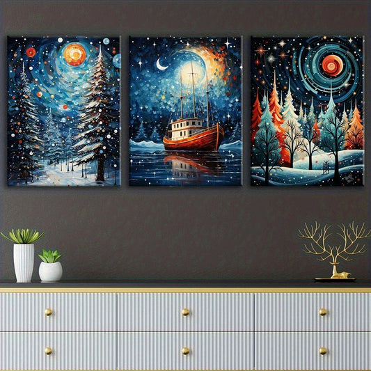 3pcs Christmas Snowy Night Modern Fantasy Metal Print Ready to Hang Art