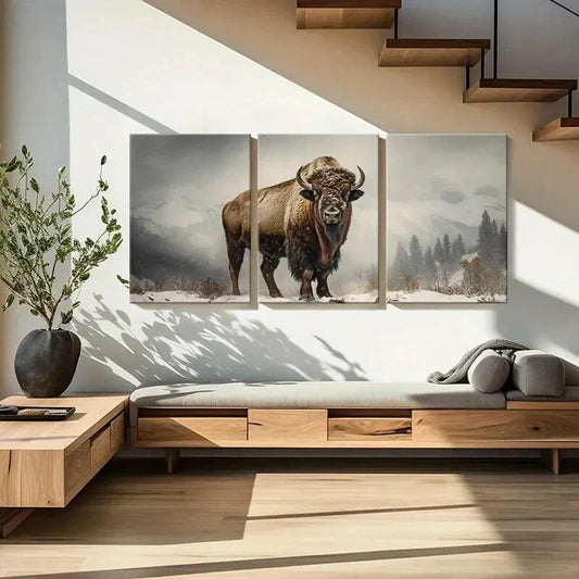 3pcs Majestic Winter Bull with Snowy Mountains Metal Print Ready to Hang Art