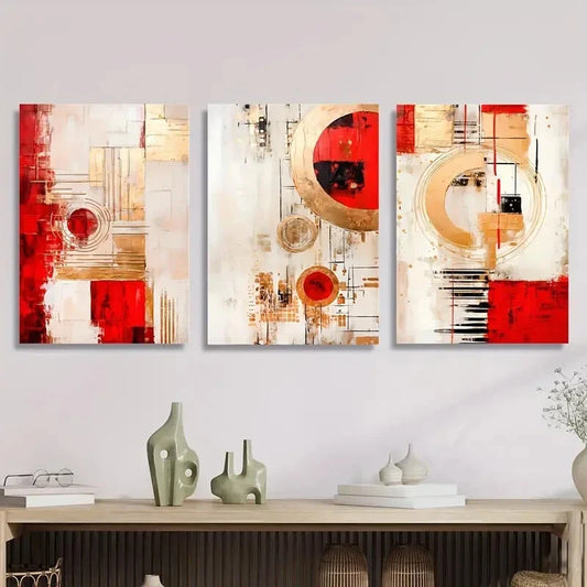 3pcs Red Abstract Geometric Modern Light Metal Print Ready to Hang Art