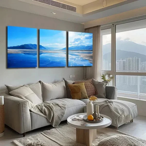 3pcs Clear Blue Skies And Lakes Wall Art Set Canvas Framed 60x90cm - High Quality Print 100% Australian Made Wall Canvas Ready to Hang