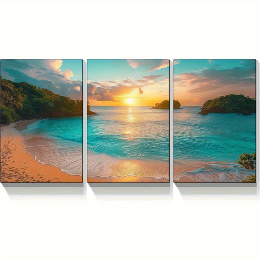 3pcs Beach Ocean Sunrise Triptych Metal Print Ready to Hang Art