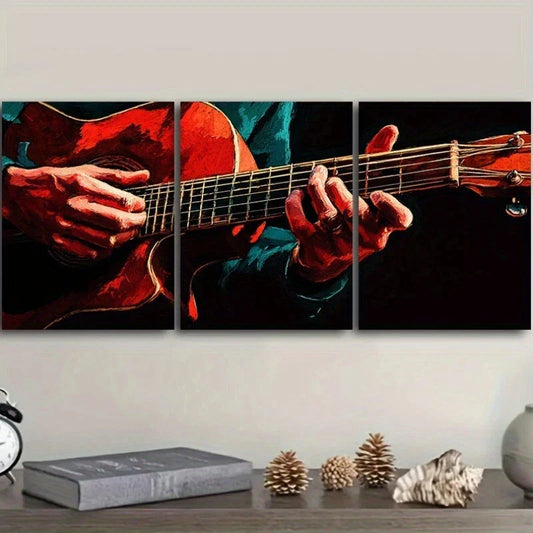 3pcs Man Playing Abstract Brown Guitar Metal Print Ready to Hang Art