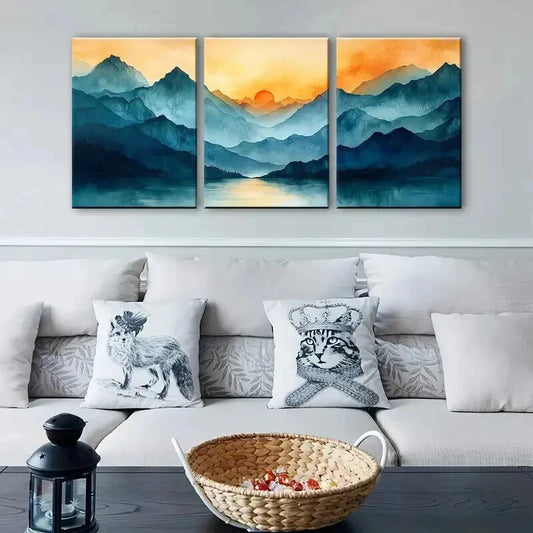 3pcs Blue Mountains and Orange Sunrise Wall Art Set Canvas Framed 40x60cm - High Quality Print 100% Australian Made Wall Canvas Ready to Hang