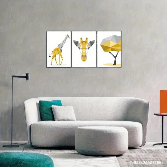 3pcs Giraffe Animal Portrait Art Poster Geometric Metal Print Ready to Hang Art