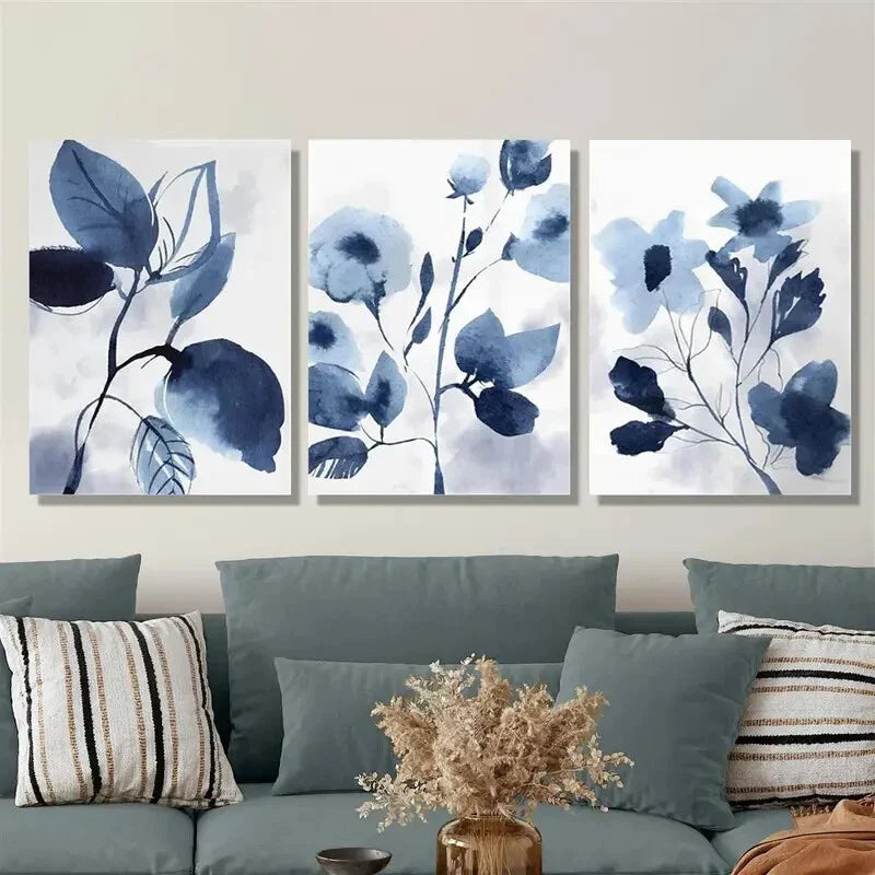 3pcs blue leaves botanical art, navy blue Metal Print Ready to Hang Art