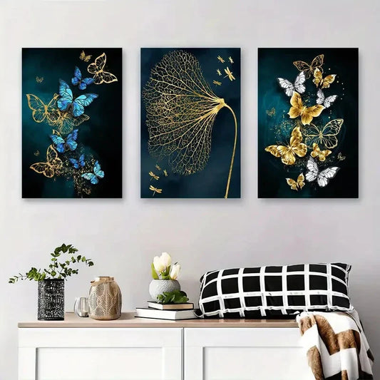 3pcs Butterfly & Golden Dandelion Blue & Golden Metal Print Ready to Hang Art
