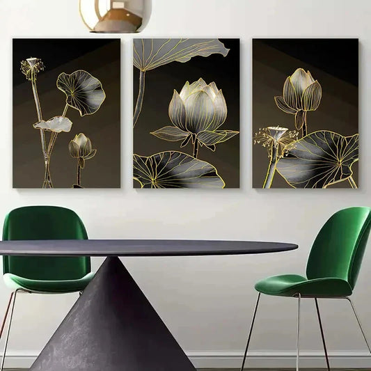 3pcs Black and Golden Lotus Floral Metal Print Ready to Hang Art