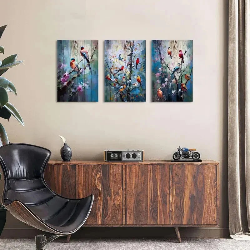 3pcs Vibrant Bird & Floral Colorful Abstract Metal Print Ready to Hang Art