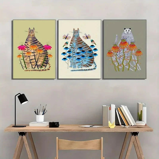 3pcs Animal Portrait Art Poster Floral Poster Metal Print Ready to Hang Art