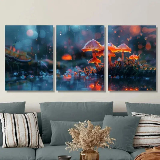 3pcs Mushroom Rain Glow Blue Metal Print Ready to Hang Art