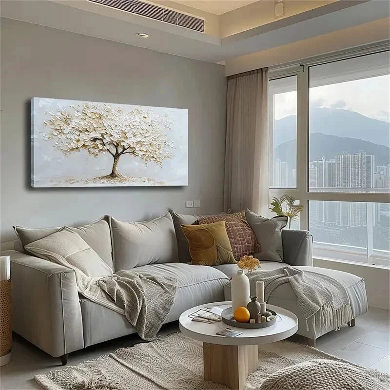 A Big Tree White Golden Leaves Wall Art Canvas Office Home Room Framed 120x60cm