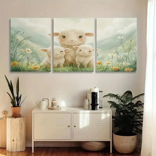 3pcs Cute Lamb Watercolor Serene Floral Metal Print Ready to Hang Art