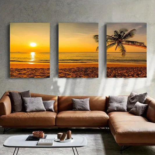 3pcs Tropical Beach Sunset Coconut Tree Metal Print Ready to Hang Art