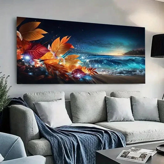 Sunset Beach and Leaves wall canvas office home room framed 120x60cm