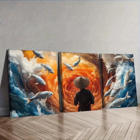 3pcs  Fisherman, Koi Water Wall Art Set Canvas Framed 40x60cm - High Quality Print 100% Australian Made Wall Canvas Ready to Hang