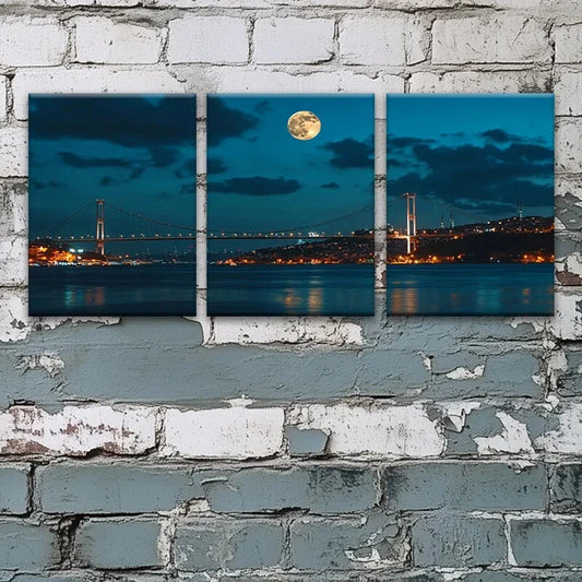 3pcs Full Moon & City Lights Bosphorus Night Scene Metal Print Ready to Hang Art