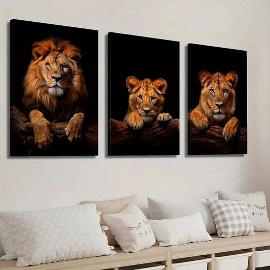3pcs Lion & Cub Portrait on Dark Background Wall Art Set Canvas Framed 40x60cm - High Quality Print 100% Australian Made Wall Canvas Ready to Hang